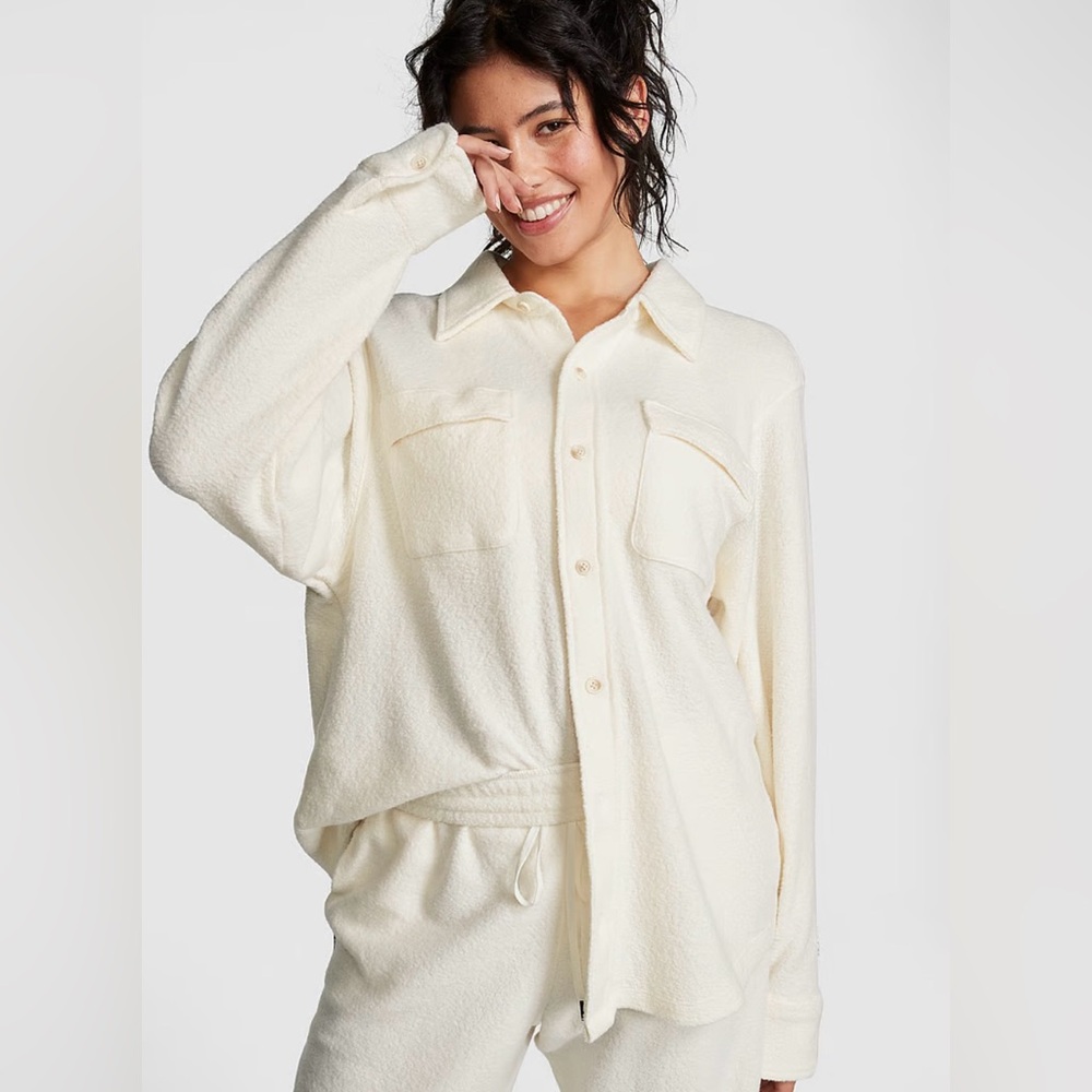 Pink Victoria Secret Cream Reverse Fleece Shacket Long Sleeve Shirt Top NWT XL